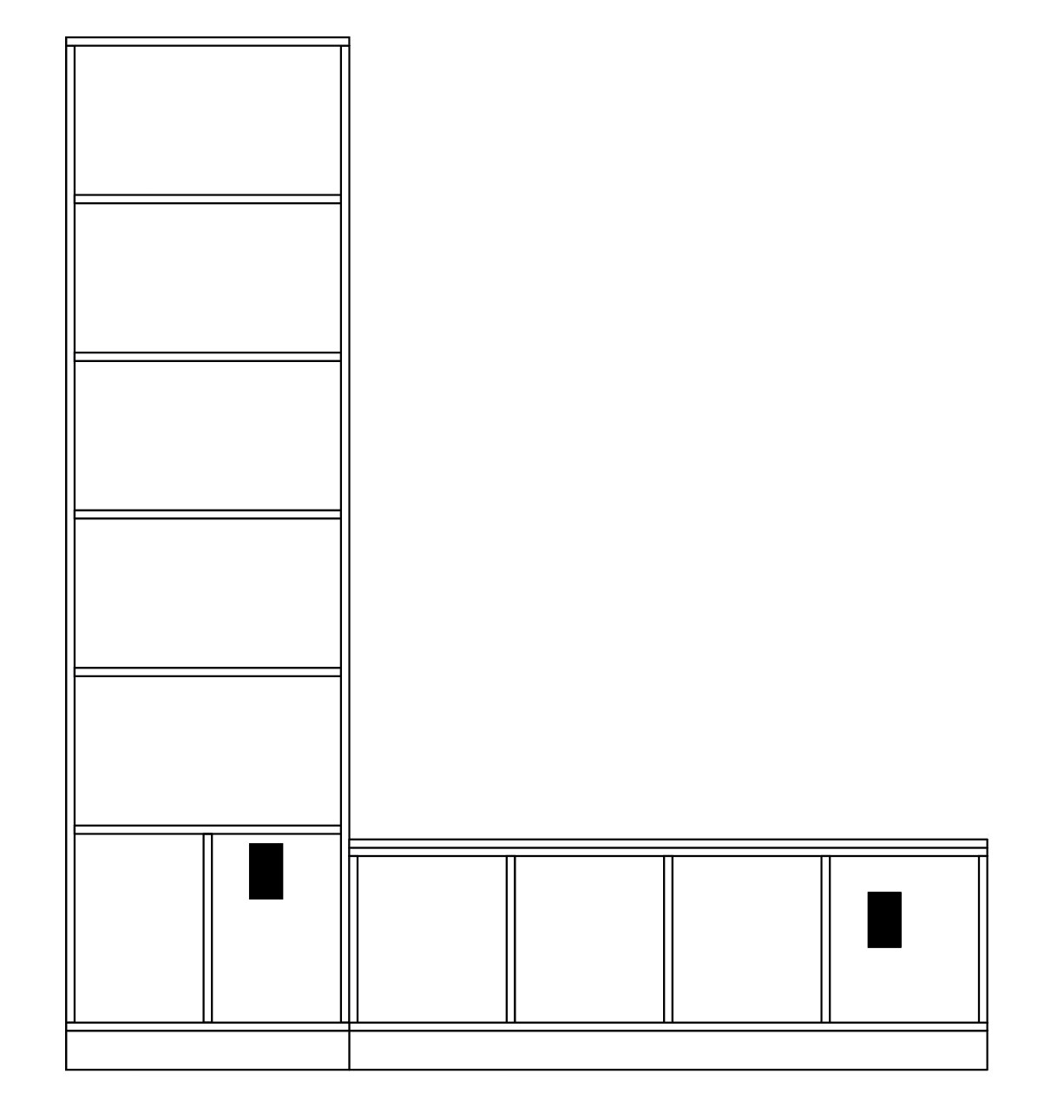 Elevation drawing of bookshelf and reading bench