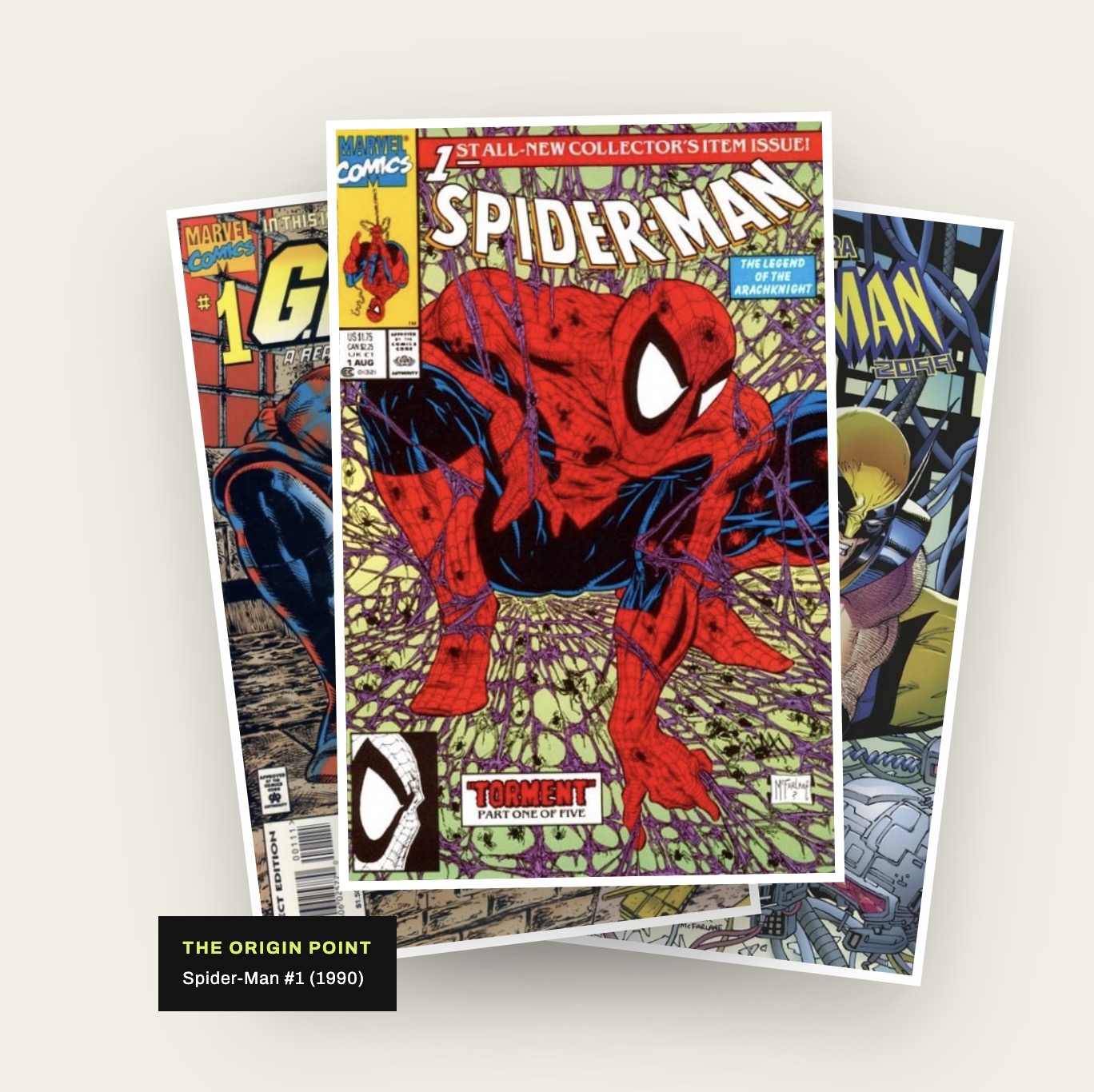 CoverLineage collage with Spider-Man #1 (1990) at the origin of a family of homage covers